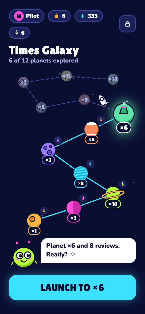 The galaxy map: planets for the times tables on a path, the child's rocket at planet times 6, and a big Launch button.