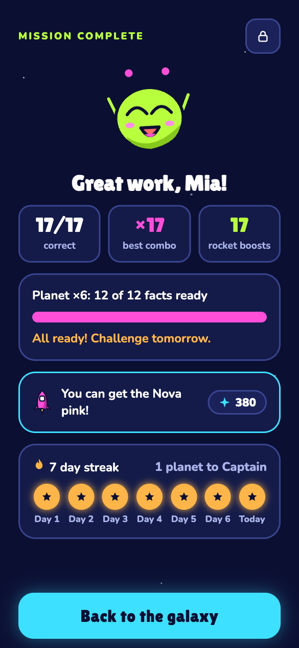 Mission complete: Zib cheers, 17 of 17 correct, progress on planet times 6, the next thing to buy, and a 7-day streak.